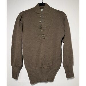 Vintage Army Sweater Men Size M Brown Wool Henley High Neck Button Knit Pullover